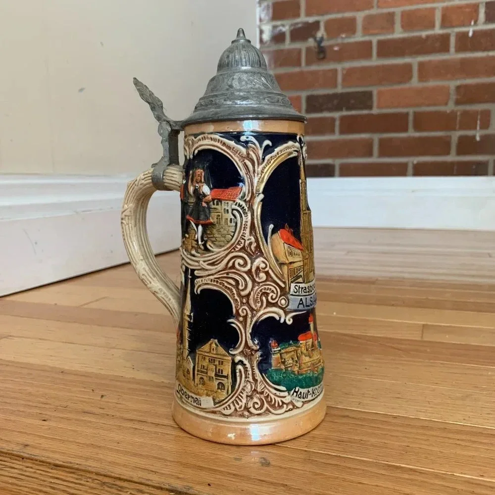 Vintage German Beer Stein Handgemalt with Pewter Lid